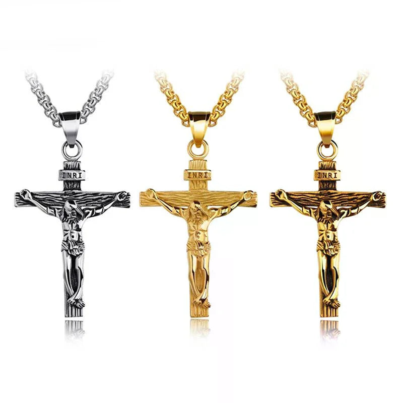 Mens Silver Stainless Steel Jesus Christ Crucifix Cross Pendant Necklace Chain High Quality