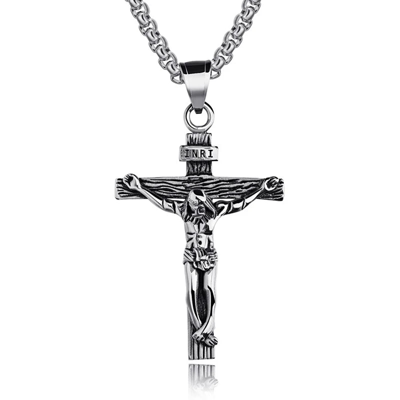 Mens Silver Stainless Steel Jesus Christ Crucifix Cross Pendant Necklace Chain High Quality