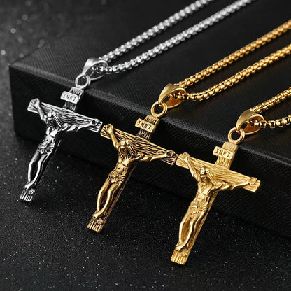 Mens Silver Stainless Steel Jesus Christ Crucifix Cross Pendant Necklace Chain High Quality