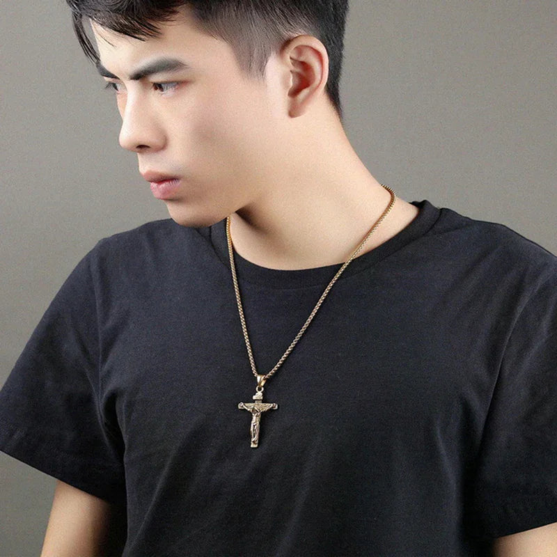 Mens Silver Stainless Steel Jesus Christ Crucifix Cross Pendant Necklace Chain High Quality