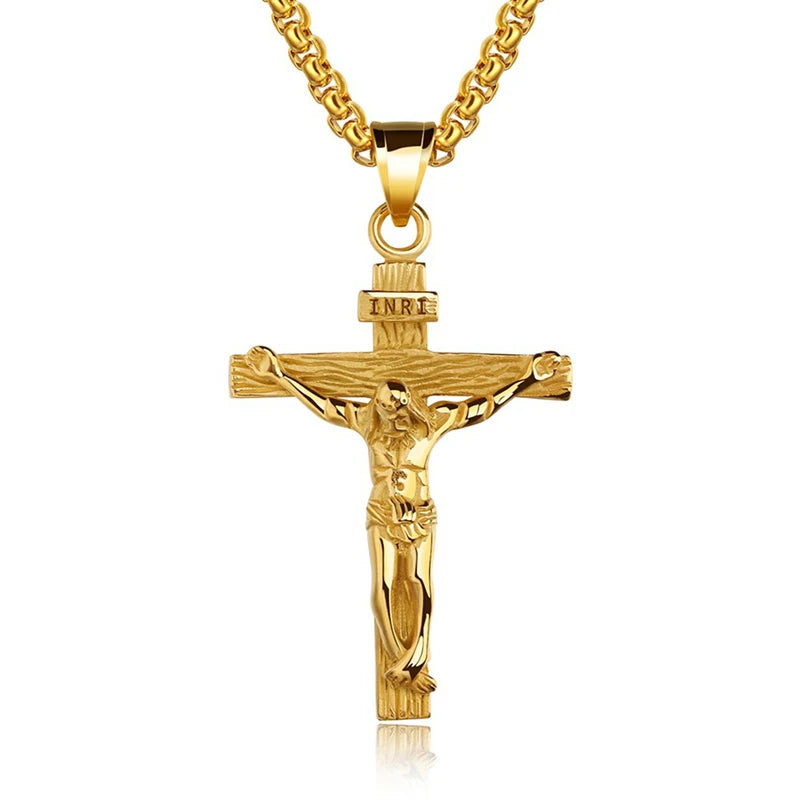 Mens Silver Stainless Steel Jesus Christ Crucifix Cross Pendant Necklace Chain High Quality